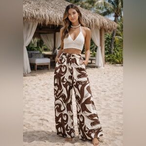 Lulumari Chocolate Brown and Linen White Wide Leg Pants Size Small